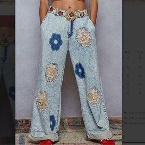 POL Light Acid-Wash Wide-Leg Jeans with Floral Appliqués